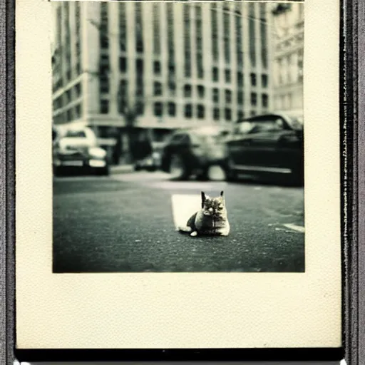 Prompt: wide-shot low-angle cat's eyesight photo of banana at the street in New York, polaroid photo, by Andy Warhol, signed