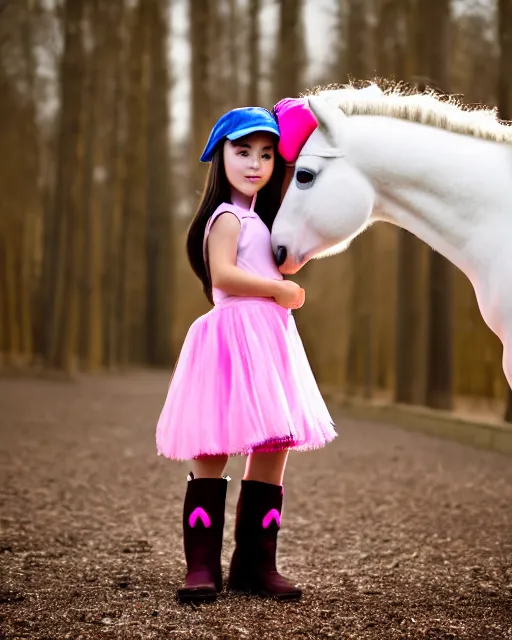 Image similar to young girl with dark hair, two ponytails, wears boots, next to her is a pink pony with a hat, photo taken by nikon, sharp focus, highly detailed, studio lightning, 4 k