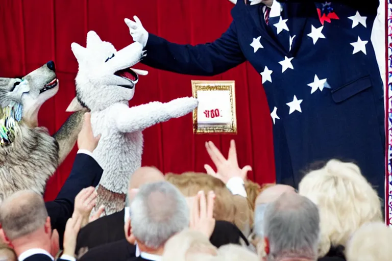 Image similar to photo of the usa presidential inauguration, a wolf fursuiter being inaugurated as president