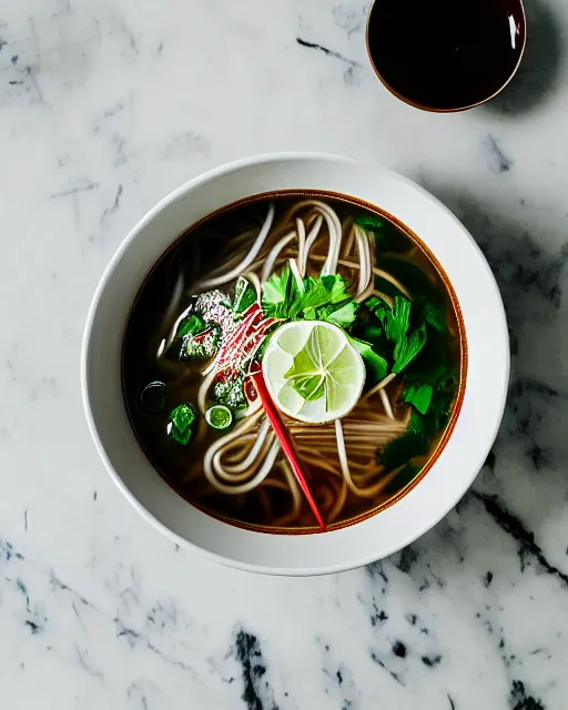 Image similar to realistic photo of delicious pho, bowl, white kitchen table, marble, highly detailed, by louise lister, sara ali, mary devinat, kailee mandel, masterpiece, award winning, food photography