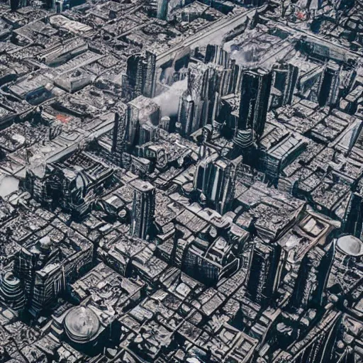 Image similar to airborne view apocalyptic city, buildings covered in shiny black liquid