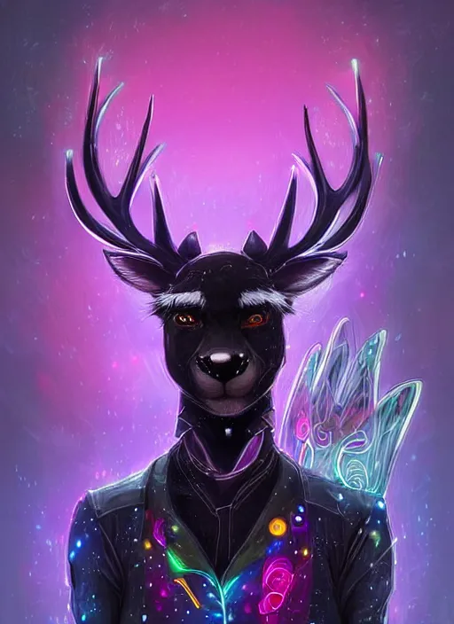 Image similar to award winning beautiful portrait commission of a male furry anthro Black Reindeer cyberpunk fursona with a tail, wings, wings, wings and a cute beautiful attractive detailed furry face wearing stylish black and rainbow galaxy clothes, outline, in a cyberpunk city at night while it rains. Character design by charlie bowater, ross tran, artgerm, and makoto shinkai, detailed, inked, western comic book art