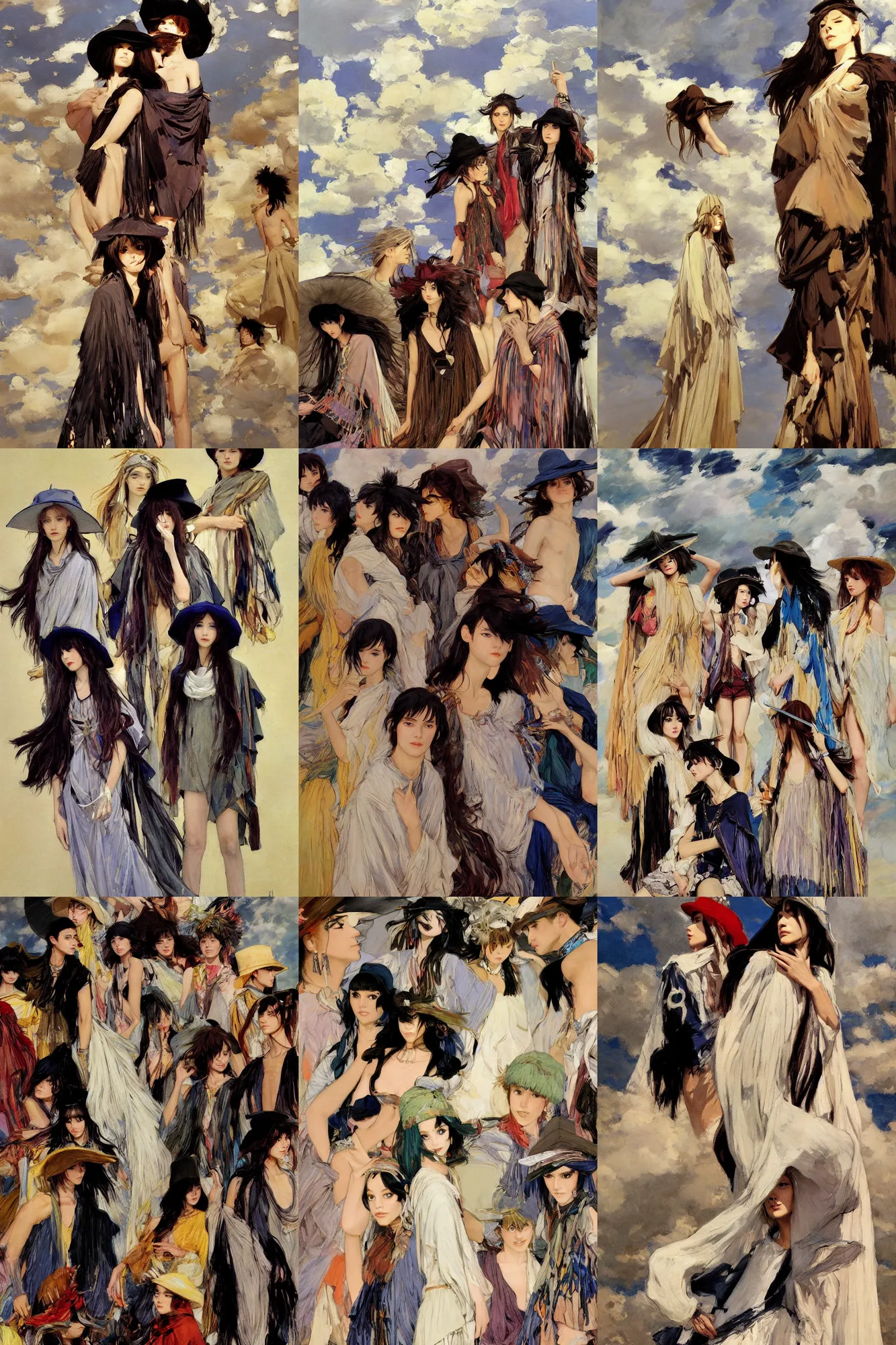 Prompt: dramatic light, shaman, cloth, thunder clouds in the sky, anime stylization figures, 1970s fashion, simple form, brutal shapes, sitting on the clouds, portrait of group of fashionable young womans wearing rich jewerly hats and boho poncho, artwork by Joaquin Sorolla and john william waterhouse and Denis Sarazhin and James Jean and klimt and rhads and van gogh and Dean Ellis