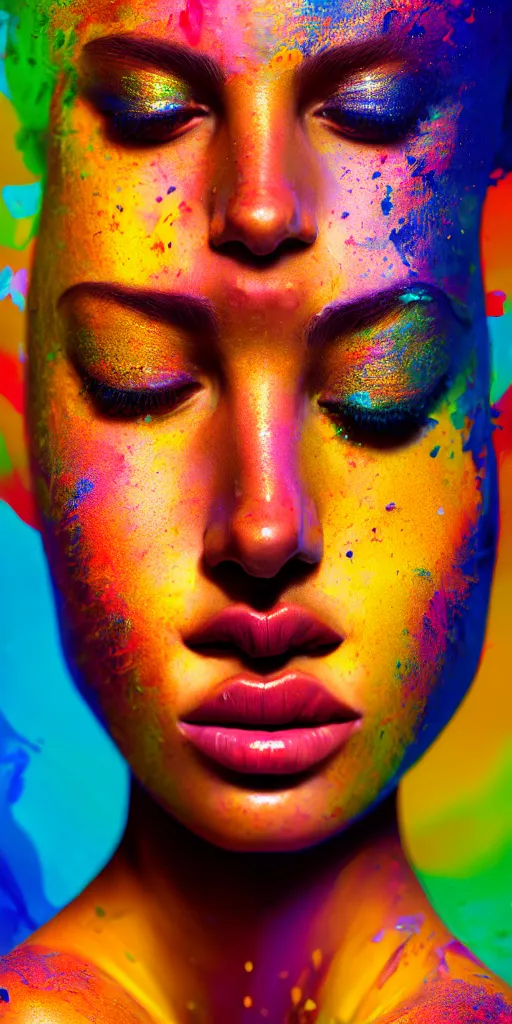 Image similar to portrait of very beautiful woman, face emerging from pool of colorful oils, brown skin, realism, extreme detail, real life, key art, soft light, volumetric light, 3 - d shadows, photo by james jean and wlop, photoshoot