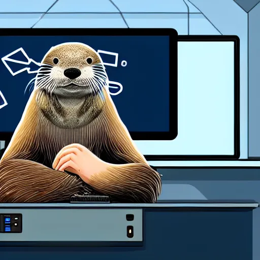 Prompt: A photorealistic depiction of a computer hacking otter, in front of a computer, with light reflecting on it's face, in a stress intensive situation, with a black hoodie on