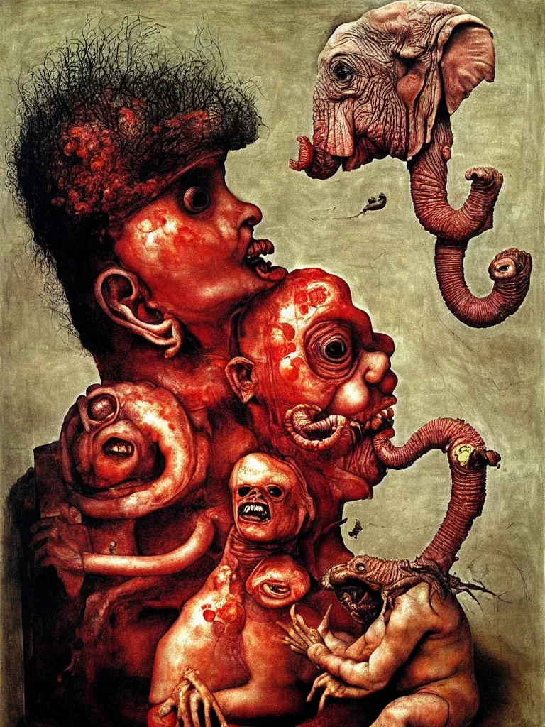 Image similar to a boy like eraserhead and elephant man sitting in a tub full of tomato sauce, looking straight into camera, screaming in desperation, headspace, by rules of composition, by giuseppe arcimboldo and ambrosius benson, renaissance, fruit, intricate and intense oil paint, a touch of beksinski and hr giger and edward munch, realistic