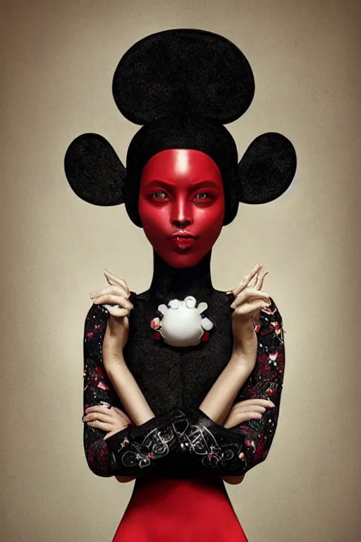 Prompt: black queen in the shape of mickey mouse, face symmetry, beautiful hands symmetry, photo shooting gucci, by tom bagshaw