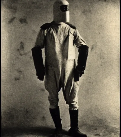 Image similar to man in a anti-radiation suit, ww1 film photo, grainy, high detail, high resolution