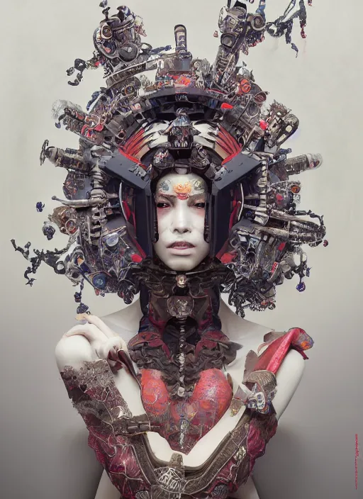 Image similar to portrait of a seductive cyberpunk geisha cyborg with headpiece, imari, sacred geometry, fractal, in the style of ghosts in the shell, intricate ornaments, elegant, highly detailed, digital photography, subsurface scattering, by jheronimus bosch and greg rutkowski,