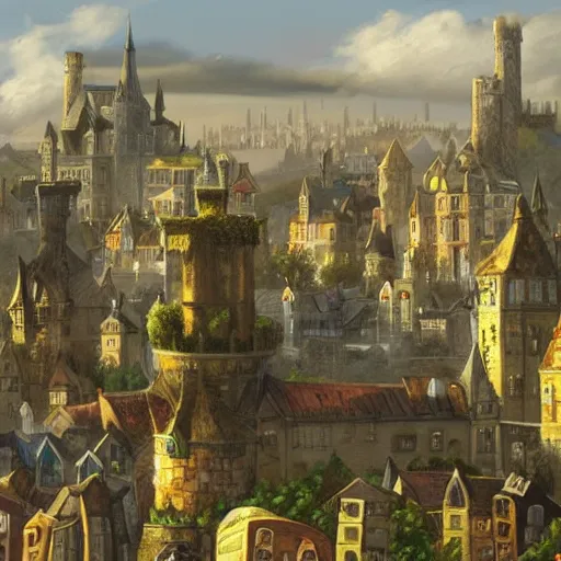Prompt: elegant fantasy capital city, in the foreground sprawling houses and shops lining the crowded streets. in the background is a large stone castle with several tall spires. realistic, highly detailed painting concept art style