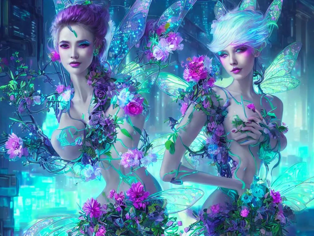 Prompt: a beautiful cyber fairy in a cyberpunk garden with neon flowers, elegant pose, realistic digital painting, artgerm, sakimichan, huang guangjian
