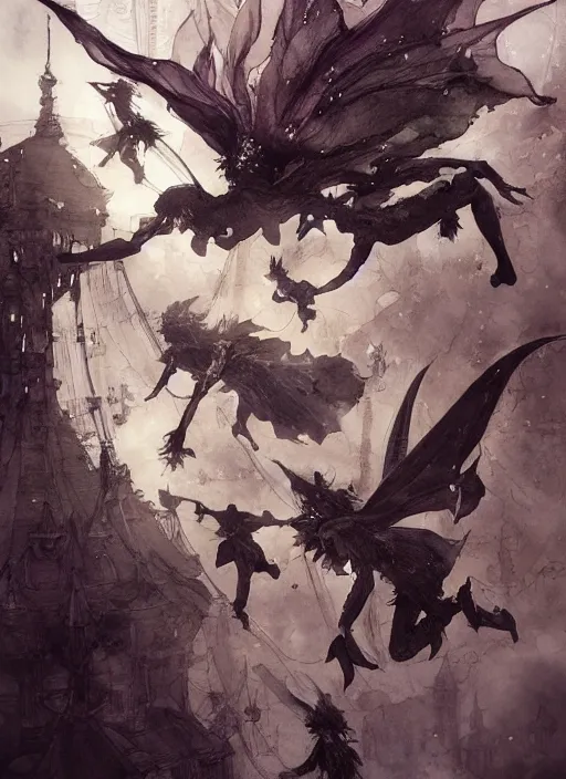 Image similar to portrait, Dark fairies stealing away children into the sky over London, watercolor, pen and ink, intricate line drawings, by Yoshitaka Amano, Ruan Jia, Kentaro Miura, Artgerm, post processed, concept art, artstation, matte painting, style by eddie mendoza, raphael lacoste, alex ross