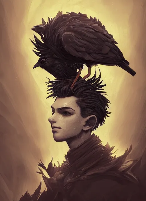 Prompt: beauty boy with a crows nest on his head, cruelty, black crows, light effect, hyper detailed, intricate, elegant, highly detailed, digital painting, rule 3 4, artstation, concept art, matte, sharp focus, illustration, by dan mumford, yusuke murata, makoto shinkai, ross tran