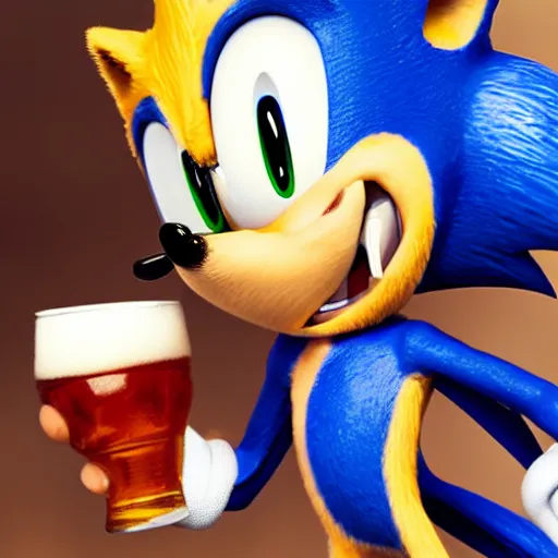 Prompt: photorealistic sonic the hedgehog drinking beer