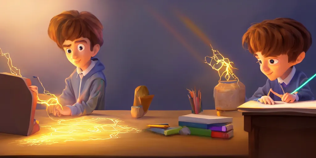 Prompt: a young boy wizard with brown hair and is standing at his desk working on a new spell that is casting out flowing energy, colorful, flowing energy, light rays, consistent face, medium shot, waist up, pixar and disney animation, sharp, concept art, highly detailed, trending on artstation, bloom, dramatic lighting, cinematic