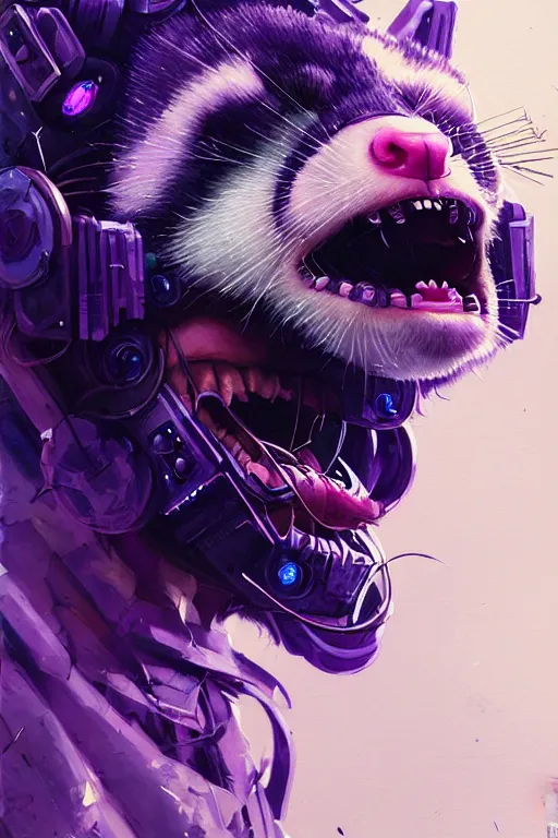 Image similar to a beautiful portrait of a cute cyberpunk opossum screaming by sandra chevrier and greg rutkowski and wlop, purple blue color scheme, high key lighting, volumetric light, digital art, highly detailed, fine detail, intricate, ornate, complex, octane render, unreal engine, photorealistic