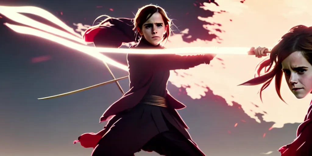 Prompt: a very detailed key visual of emma watson in demon slayer, action lines, ufotable, greg rutkowski, high resolution, dynamic pose, landscape, medium portrait, samurai outfit, action, hyper realistic, koyoharu gotouge, sakuga