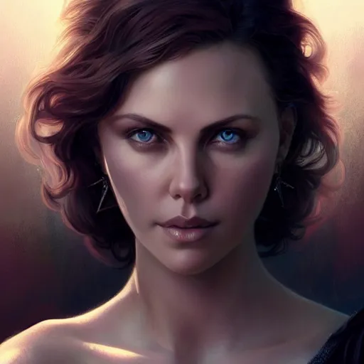 Prompt: beautiful young charlizetheron, closeup, d & d, fantasy, intricate, elegant, highly detailed, digital painting, artstation, concept art, matte, sharp focus, illustration, art by artgerm and greg rutkowski and alphonse mucha