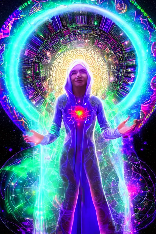 Prompt: full body female neopunk wizard opening a portal to the sidereal multiverse, intricate galaxy inlay, plasma neon glow, consciousness projection, astral projection, wide angle, super highly detailed, professional digital painting, artstation, concept art, smooth, sharp focus, no blur, no dof, extreme illustration, Unreal Engine 5, Photorealism, HD quality, 8k resolution, cinema 4d, 3D, beautiful, cinematic, art by artgerm and greg rutkowski and alphonse mucha and loish and WLOP