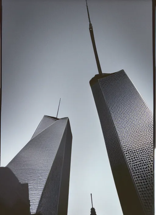 Image similar to 1 9 9 0 s polaroid of the twin towers wtc, as plane flies overhead