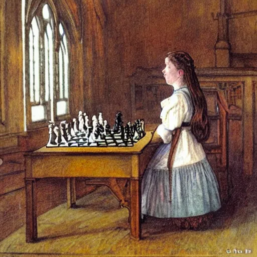 Prompt: a young edwardian woman playing chess with a rabbit inside a church, in the style of carl larsson