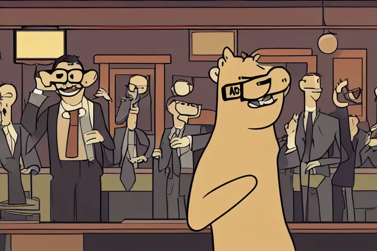 Prompt: a 2 d matte illustration of a laughing capybara with wire rimmed glasses and wearing a suit at a crowded bar in the style of nancy blair