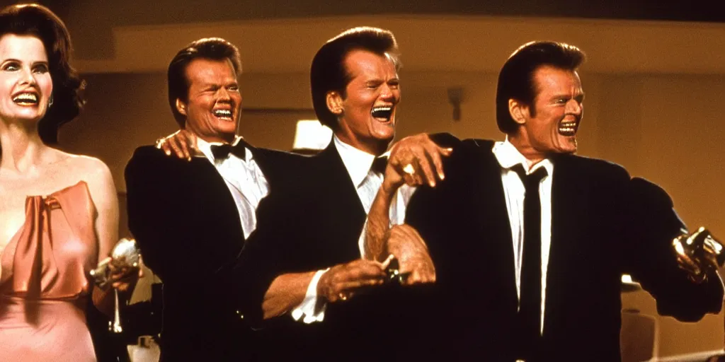 Image similar to still frame of Geena Davis, Roger Moore and Jim Carrey in Pulp Fiction laughing hysterically over a joke