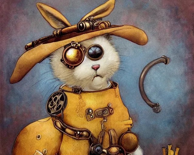 Prompt: steampunk rabbit waving hello by esao andrews