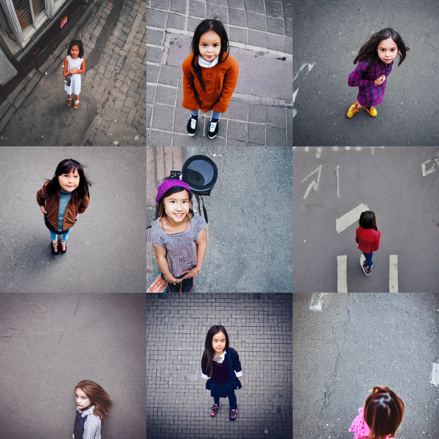 Prompt: overhead view photoreal portrait of curious girl standing in city street looking at camera.