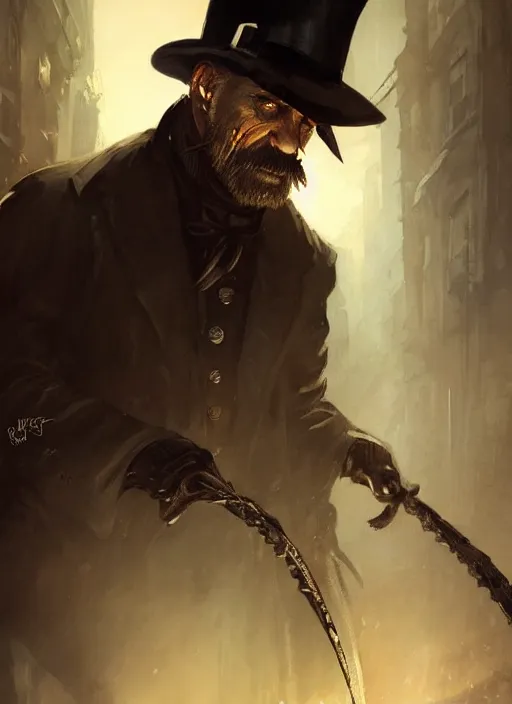 Image similar to highly detailed portrait of jack the ripper, realistic, horror, fantasy art by greg rutkowski, stanley artgerm, loish, rhads, tom bagshaw, global illumination, radiant light, detailed and intricate environment