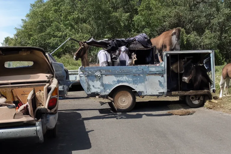 Prompt: automobile driver compartment towed by donkey, scavenger world, medium shot photograph