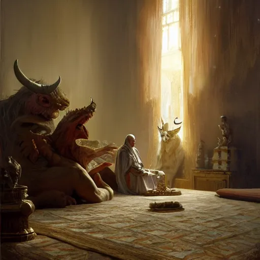Image similar to the pope is in his bedroom, scared because a horned demon is attacking him. highly detailed painting by gaston bussiere, greg rutkowski, craig mullins 8 k