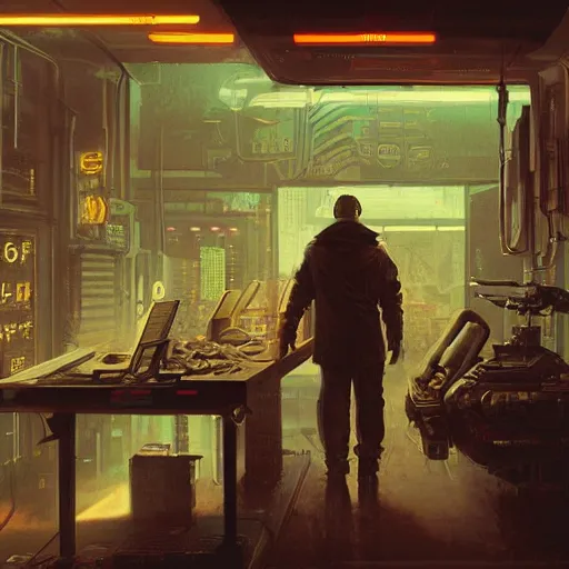 Prompt: cyberpunk merchant in their shop, Industrial Scifi, detailed illustration, Chiaroscuro, concept art, blade runner 2049, by Martin Grip and Moebius