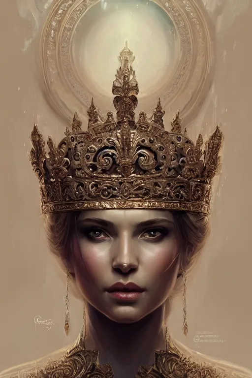 Image similar to highly detailed portrait of an elegant goddess, ornate crown, beautiful symmetrical face, digital painting, artstation, concept art, smooth, clear focus, illustration, greg rutkowski, artgerm, global lighting, detailed and fantasy