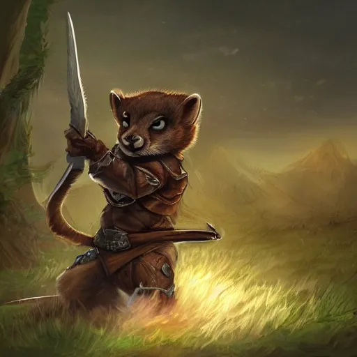 Prompt: a valiant weasel wearing a fantasy ranger outfit, fighting against the invading mice, furry art, artstation, 4k