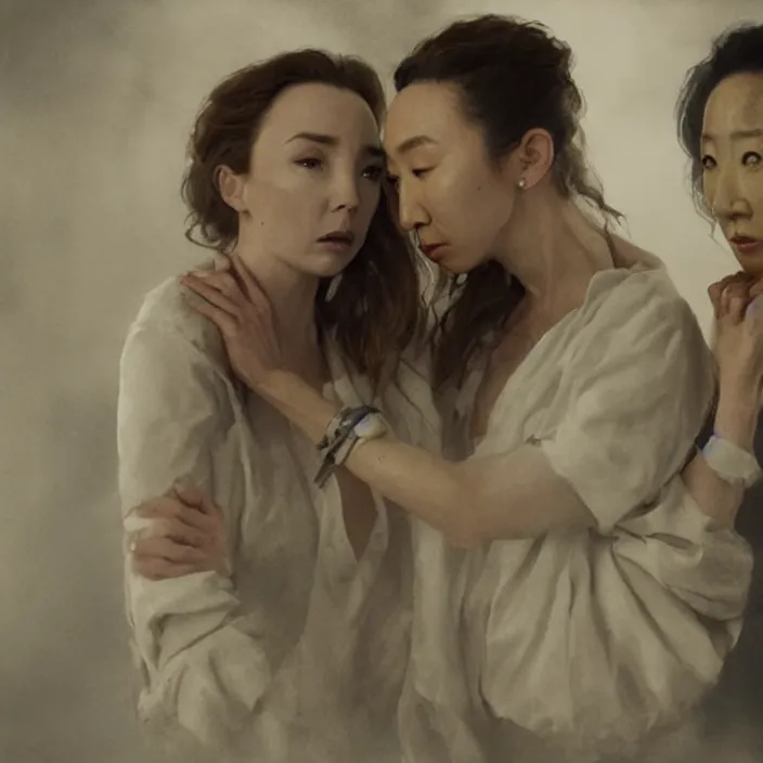 Prompt: jodie comer and sandra oh making out scene in tv series kill eve by greg rutkowski