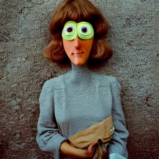 Image similar to beautiful woman with a long plasticine nose, wearing eyeballs on her head, in the countryside 1974 arthouse film, archival footage, technicolor film expired film