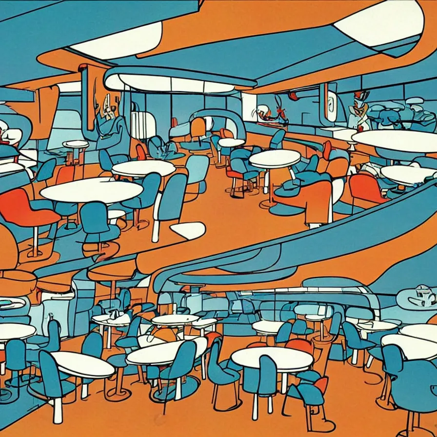 Image similar to concept art of jetsons cartoon indoor 5 0 s modern dinning room, painted by charlie harper