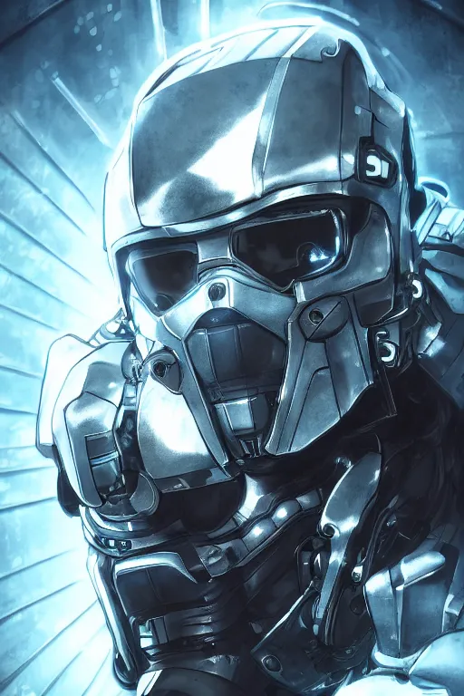Image similar to cyber cyborg ninja mask helmet metal gear solid artic suit swat commando, global illumination ray tracing hdr fanart arstation by sung choi and eric pfeiffer and gabriel garza and casper konefal, a spectacular view cinematic rays of sunlight comic book illustration, by john kirby