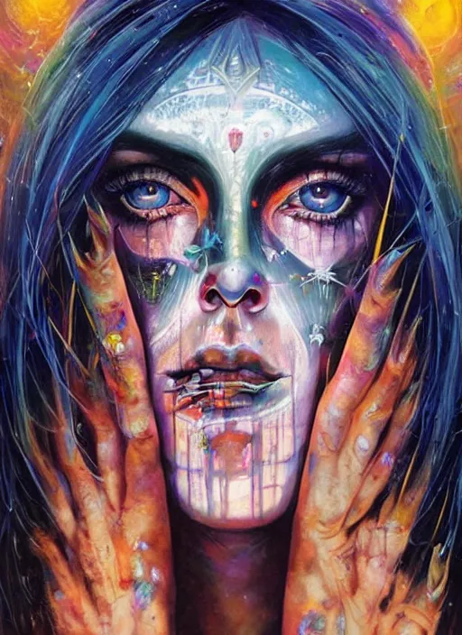 Image similar to gorgeous magic cult psychic woman, painted face, third eye, energetic consciousness psychedelic, epic surrealism expressionism symbolism, story telling, iconic, dark robed, oil painting, symmetrical face, dark myth mythos, by Sandra Chevrier , Bruce Pennington, masterpiece