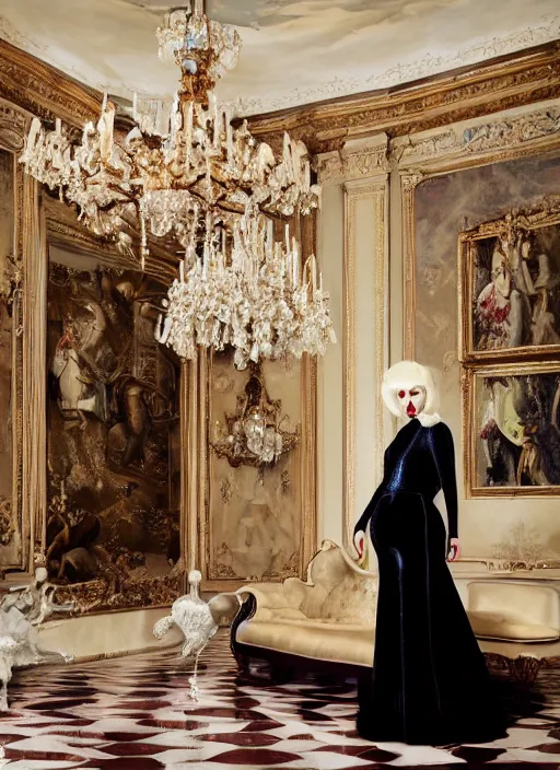 Prompt: lady gaga styled by Tim Walker posing in an expensive mansion setting , vogue magazine, Highly realistic. High resolution. Highly detailed. Dramatic. 8k.4k.