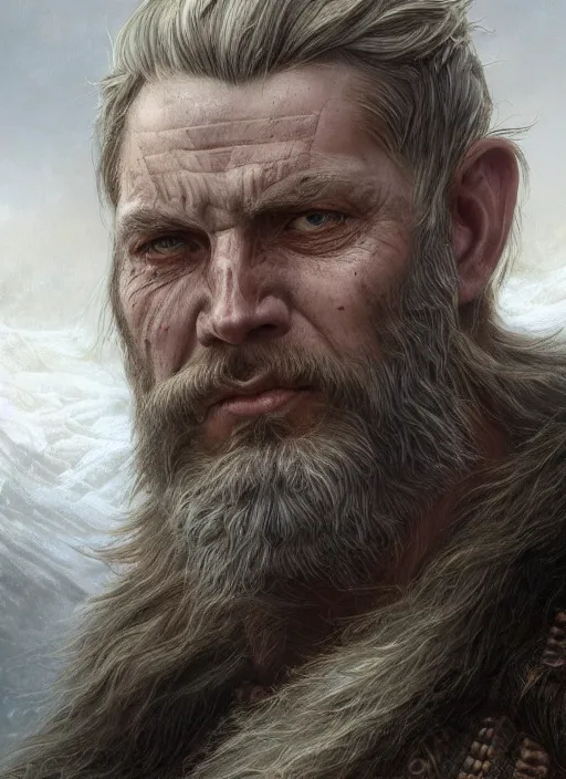 Prompt: closeup portrait shot of a norse god in a scenic dystopian environment, nord, viking, intricate, elegant, highly detailed, centered, digital painting, artstation, concept art, smooth, sharp focus, illustration, artgerm, tomasz alen kopera, peter mohrbacher, donato giancola, joseph christian leyendecker, wlop, boris vallejo