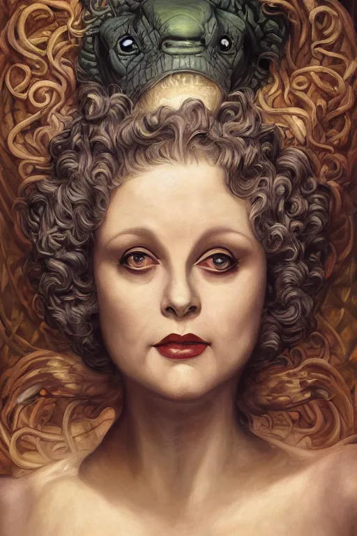 Image similar to A fantasy comic book style portrait painting of Shelley Winters, hybrid, Susan Hayward, as an Atlantean Reptilian Warrior, François Boucher, Oil Painting, Mystical Valkyrie, unreal 5, DAZ, hyperrealistic, octane render, Regal, Refined, Detailed Digital Art, RPG portrait, William-Adolphe Bouguereau, Michael Cheval, Walt Disney (1937), Steampunk, dynamic lighting, Highly Detailed, Cinematic Lighting, Unreal Engine, 8k, HD