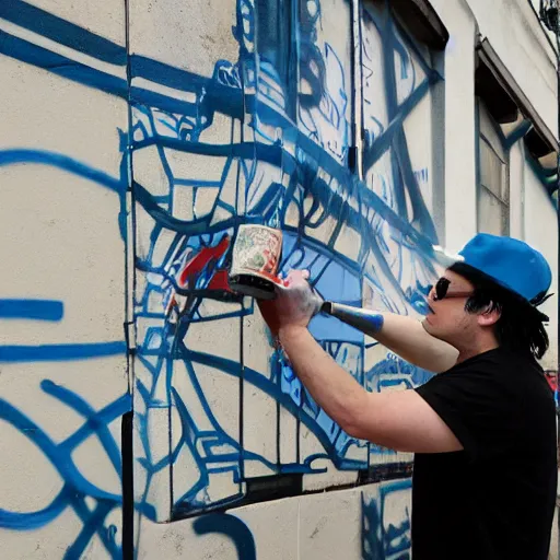 Image similar to jack white spraying graffiti over a map of yugoslavia