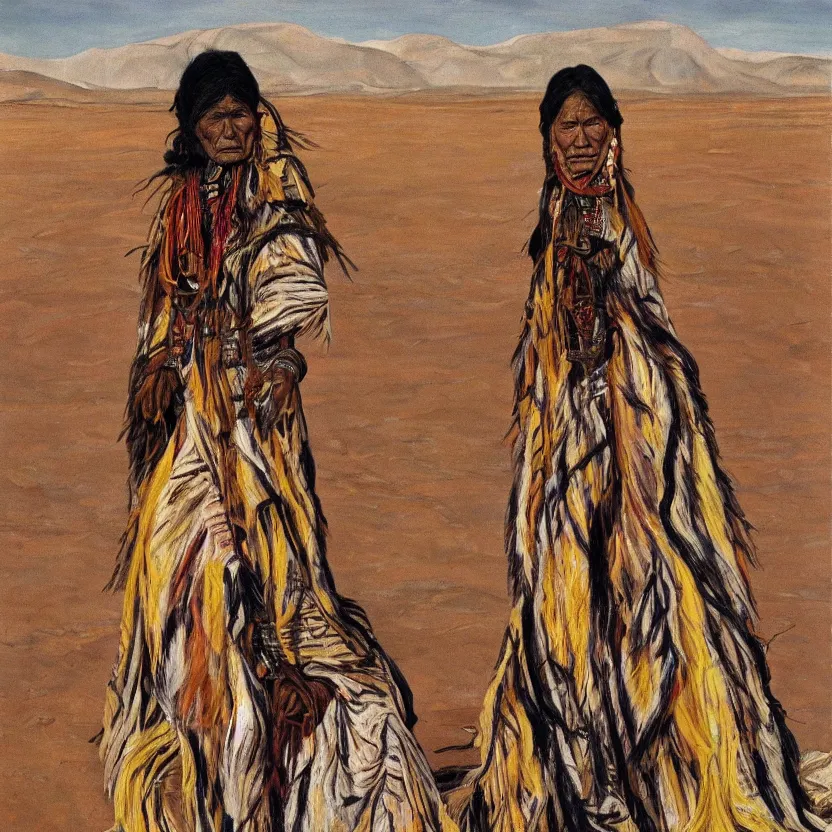 Image similar to full body shot picture of indigenous people woman leader in desert, painted by lucian freud, hd, super detailed, realistic, muted colors