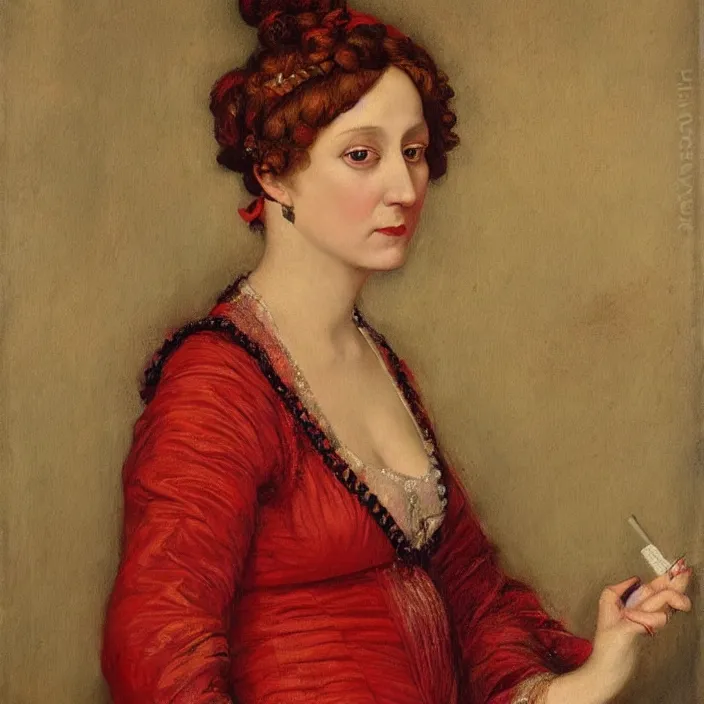 Image similar to portrait of a woman with eyes made of colorful smoke, full-length, oil painting in a renaissance style , very detailed, red background, painted by William Clarke Wontner.