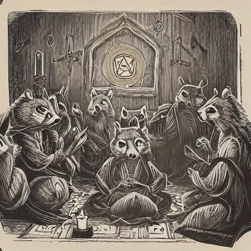 Image similar to vintage professional camera photo, a group of raccoons wearing dark cult robes look towards the camera in surprise and anger as they perform a dark occult evil ceremony inside the secret lair of an underground mystery cult, raccoon evil high priest in ornate robe leads the ritual, dramatic candlelight, pentagrams, ultra - detailed, photorealistic, 4 k