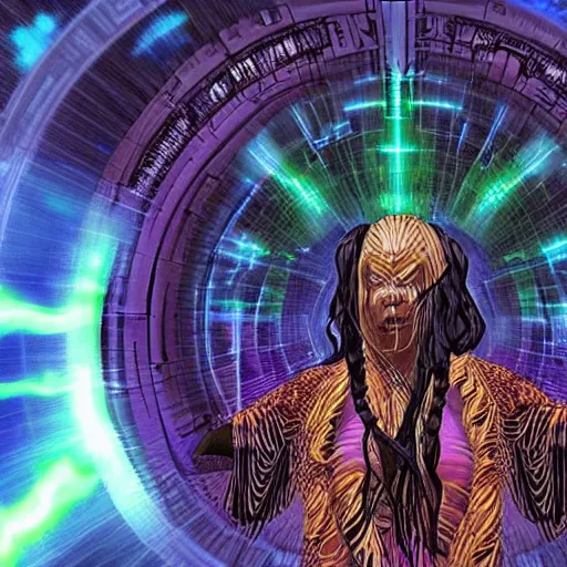 Image similar to amazonian shaman entering a visionary state and traveling in his astral body to hyperspace