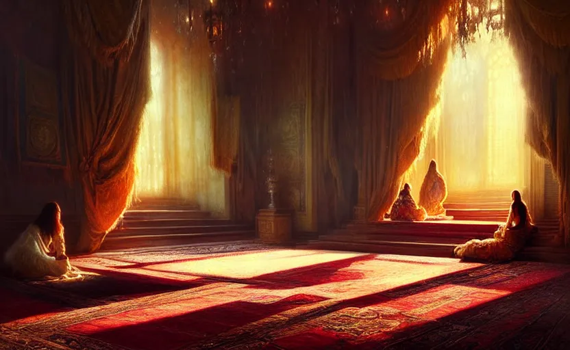 Prompt: magic fluffy Persian carpet dimension, by Greg Rutkowski and Gaston Bussiere, dim lighting, beautiful volumetric-lighting-style atmosphere, surreal atmosphere, intricate, detailed, photorealistic imagery, artstation