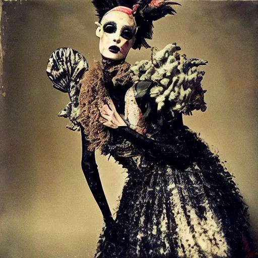 Image similar to damaged kodak portra 4 0 0, wetplate, photo of a surreal artsy dream scene,, very beautiful model, weird fashion, grotesque, extravagant dress, strange pose, carneval, with an animal, wtf, photographed by paolo roversi style